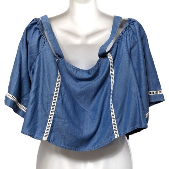 NWT LOVERS + FRIENDS Chambray Tencel Cold Shoulder Top M - Picture 6 of 8